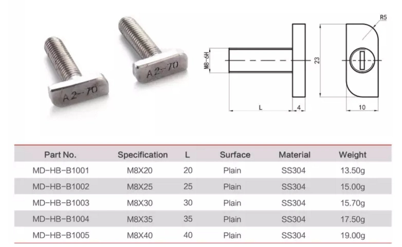 OEM Customized SUS304 Stainless Steel T Type T Shaped Square Head Machine Screw Bolt Made in China